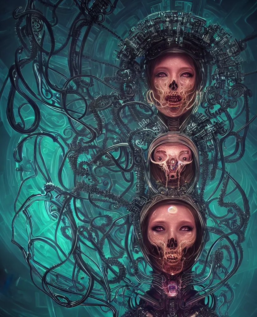 Image similar to queen of death. intricate portrait, occult cyberpunk, ancient futuristic, dark art, occult. intricate biomechanical, bioluminescent halo around head, mandala ornament, cybernetic glowing jellyfish, tentacles, by Petros Afshar, by artgerm, by Eddie Mendoza, by Peter mohrbacher by tooth wu, unreal engine, octane render, cinematic light, high details, iridescent colors, macro