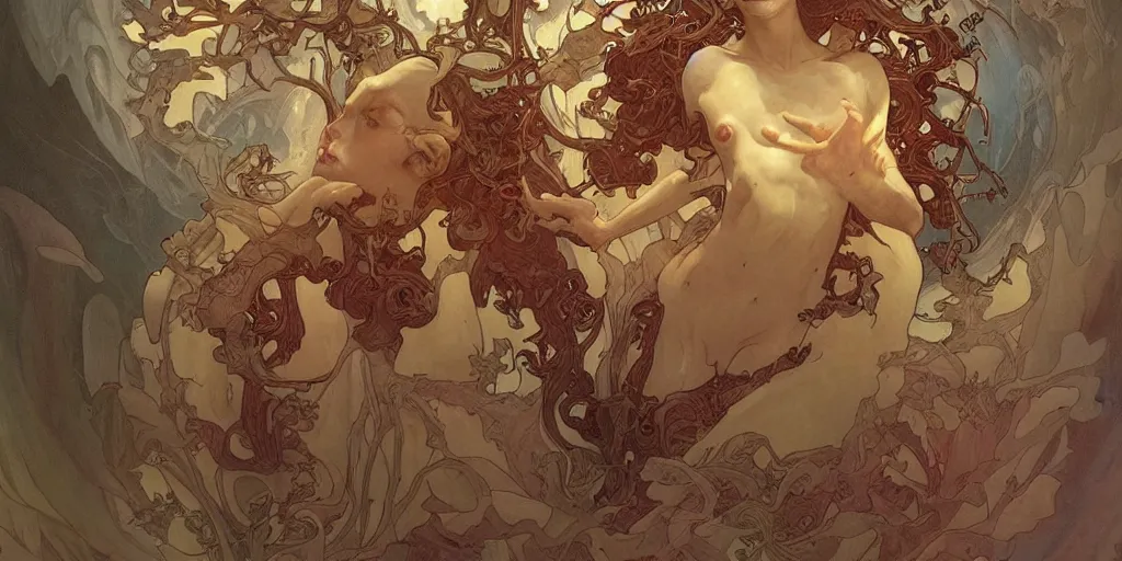 Image similar to epic concept illustration of a fungus god, by james jean, by artgerm and greg rutkowski and alphonse mucha. uhd, amazing depth, cinematic lighting, glossy wet levitating floating fungus god with arms outstretched.