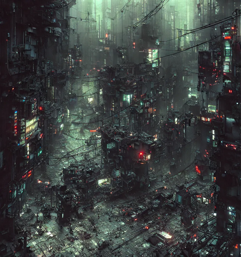 Prompt: a totalitarian police state cyberpunk city street, splattered oil, electrical wiring and broken machines, cables veins tendons, degraded, film grain, light leaks, stains, by jeremy mann, beksinski and craig mullins and tsutomu nihei
