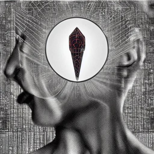 Image similar to lost in the mind of a quantum god head machine surrealism anamorphic illusion