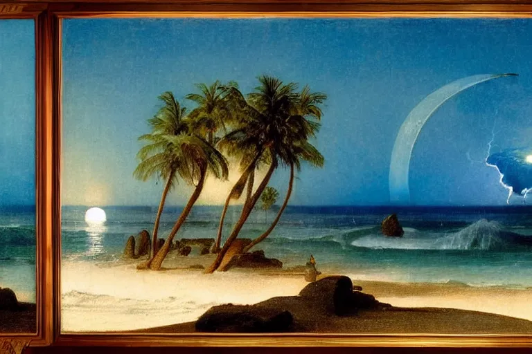 Image similar to The beach arch, refracted moon on the ocean, thunderstorm, greek pool, beach and Tropical vegetation on the background major arcana sky and occult symbols, by paul delaroche, hyperrealistic 4k uhd, award-winning, very detailed paradise