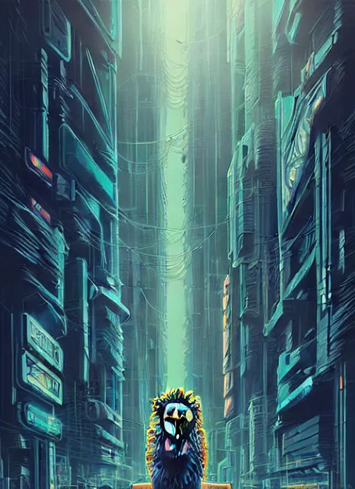 Image similar to a lion in cyberpunk city abandoned by dan mumford, center frame singular high fantasy character concept art symmetrical features, digital painting, sharp focus, illustration