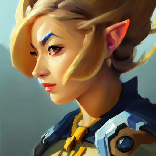 Image similar to Greg Manchess portrait painting of Zelda as Overwatch character, medium shot, asymmetrical, profile picture, Organic Painting, sunny day, Matte Painting, bold shapes, hard edges, street art, trending on artstation, by Huang Guangjian and Gil Elvgren and Sachin Teng