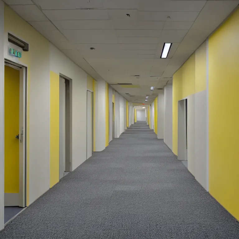 Prompt: liminal abandoned office hallways with walls and carpeting with a monochromatic tone of pale yellow, fluorescent lights, pale yellow walls, pale yellow carpet flooring, european office