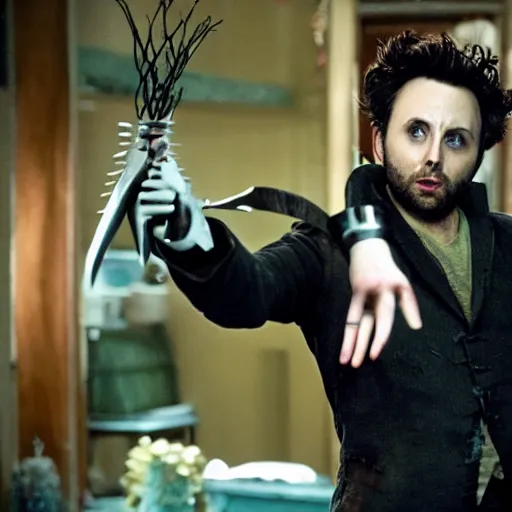 Image similar to charlie day starring as edward scissorhands movie, movie still, 8 k