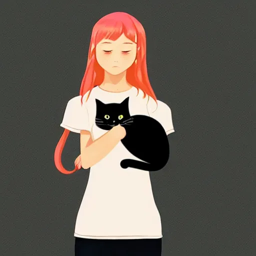 Image similar to girl with black cat, sticker, white background, by rossdraws, ghibli