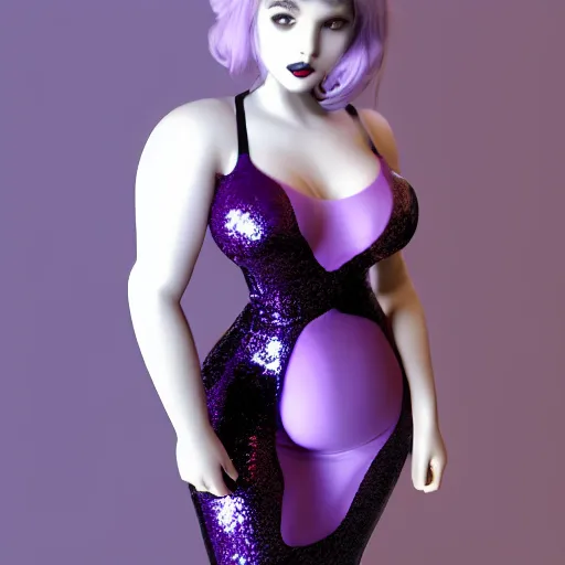 Image similar to a curvy feminine pale goth cutie wearing an elegant elaborate tight latex-nylon-leather sequined tube gown with purple-grey highlights, thin-waist, cgsociety, photorealistic, sublime-comforting ambience, 16k, smooth, sharp focus, trending on ArtStation, volumetric lighting, fully clothed, worksafe