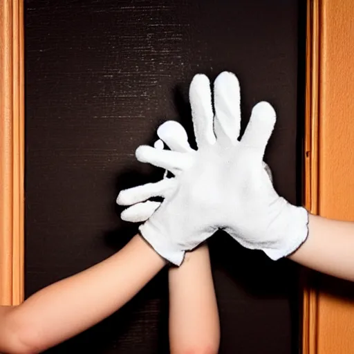 Image similar to a disembodied 5 - fingered white gloved hand sticking out from behind a dark doorway, waving at a terrified boy watching tv in a living room, cinematic lighting, dark living room, doorway with the gloved hand in the distance, haunted, scary