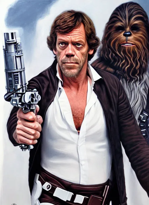 Prompt: upper body portrait of hugh laurie as han solo in star wars ( 1 9 7 7 ), wearing han solos clothes, wearing a black vest and a white shirt, hyperrealistic, very detailed painting by glenn fabry, by joao ruas, by artgerm