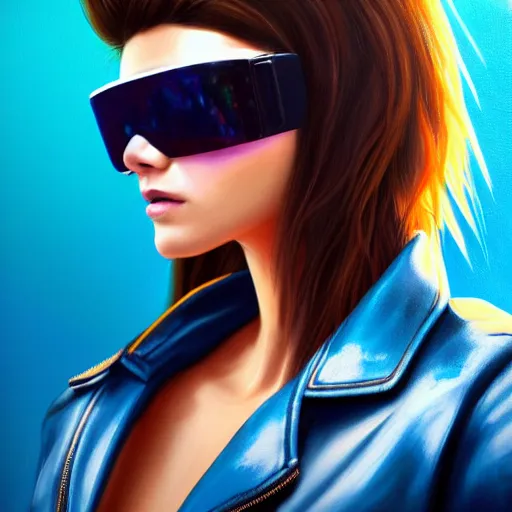 Image similar to closeup painting of a very beautiful young mexican cyberpunk woman smirking, wearing light blue shutter shades and a dark brown leather jacket, one side haircut, long brown hair with light blue ends, portrait, hyperdetailed, artstation, cgsociety, 8 k, synthwave by tangerine dream