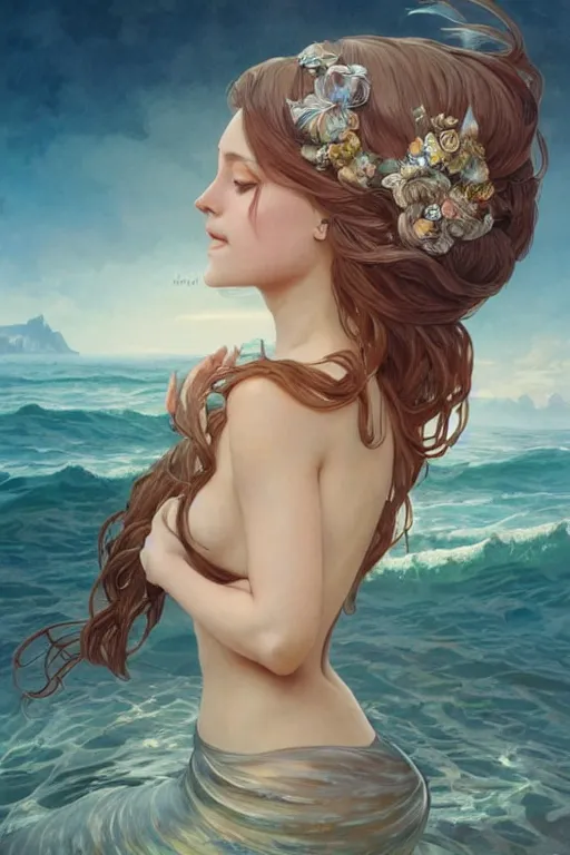 Image similar to beautiful cottagecore Ariana Grande, mermaid kingdom, beautiful Hair, magical beach, intricate, elegant, highly detailed, digital painting, artstation, concept art, smooth, sharp, focus, illustration, art by artgerm and greg rutkowski and alphonse mucha