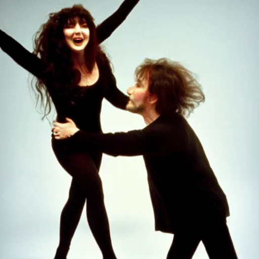 Image similar to kate bush dancing with a creepy goblin