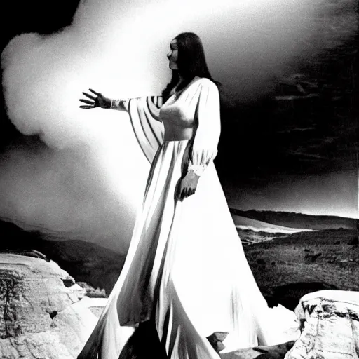 Image similar to 1 9 7 0's artistic western movie, a woman in a giant billowy wide flowing waving dress made out of white smoke, standing inside a dark western rocky scenic landscape, volumetric lighting