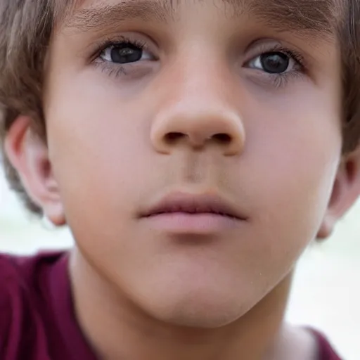 Image similar to a closeup portrait of a boy with brown hair and brown eyes. Extremely clear and high quality eyes with reflection in this, realistic face and details, clear lips and high quality