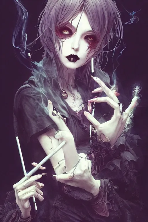 Image similar to Gothic girl smoking a cigarette, dark background. digital art. amazing quality. perfect lighting. Professional design. Great composition. by Ayami Kojima and Tomoyuki Yamasaki and Tsutomu Nihei, octane render, award winning art. impressive colors. trending on artstation. Brian Froud style