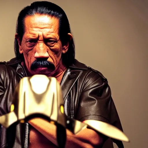 Image similar to Danny Trejo as Machete in Space, ethereal volumetric light, sharp focus