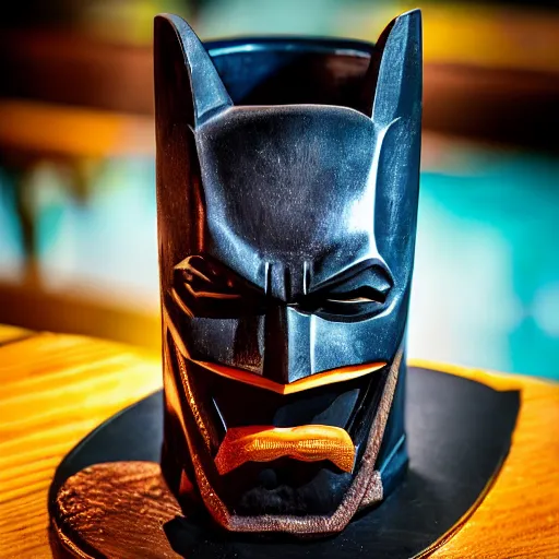 Prompt: a closeup photorealistic photograph of a batman style tiki mug sitting at a trader vic's bar featuring batman face. tiki theme. tiki culture. bright scene. fine detail. this 4 k hd image is trending on artstation, featured on behance, well - rendered, extra crisp, features intricate detail, epic composition and the style of unreal engine.