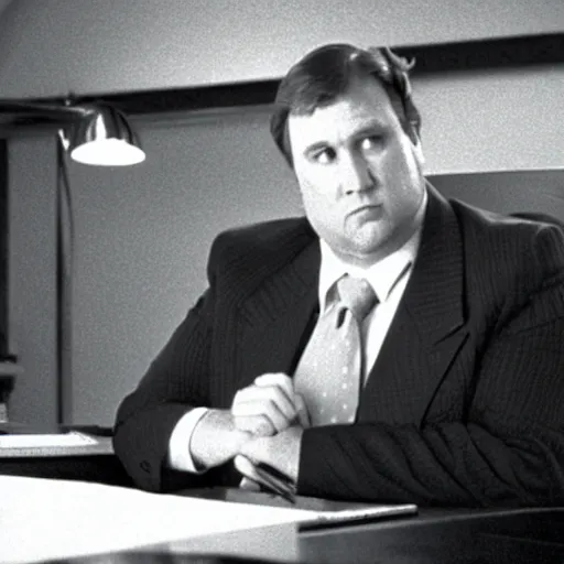 Prompt: clean - shaven chubby white man wearing a shirt and necktie sitting at a desk, 1 9 8 9 movie still, cinematography, cinematic lighting