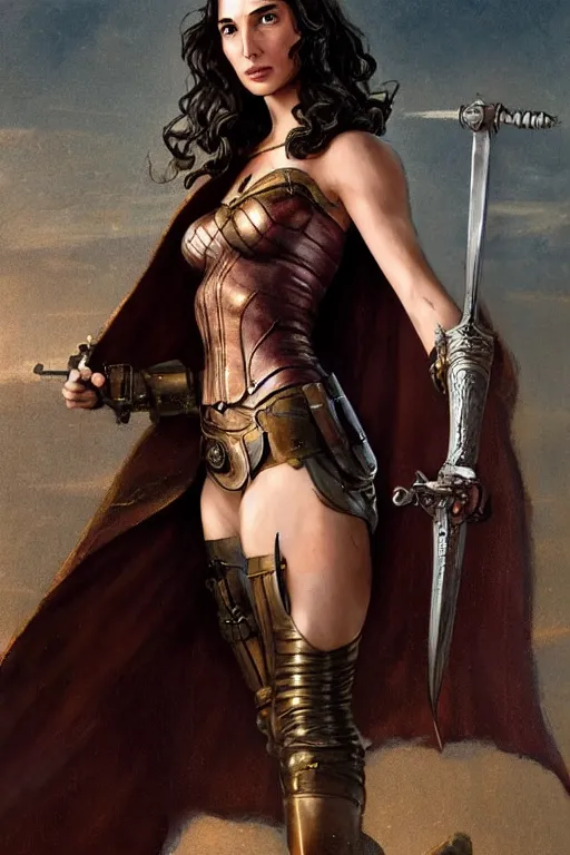 Image similar to highly detailed steampunk gal gadot standing, cape, sword : leonardo da vinci, greg rutkowski, magali villeneuve