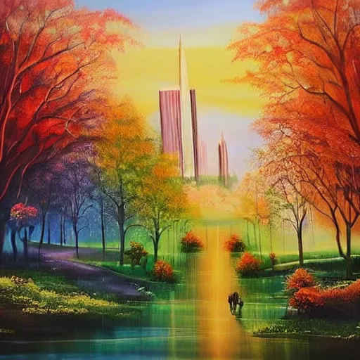 Image similar to Beautiful city of the future in harmony with nature. Nice colour scheme, soft warm colour. Beautiful painting by Lurid. (2022)