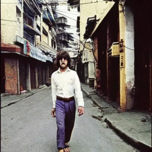 Image similar to john lennon walking barefoot on the streets of kathmandu, 1970s vintage photo