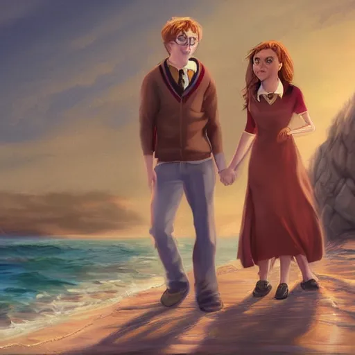 Image similar to Harry Potter Ron and hermione at the beach, digital art, trending on artstation