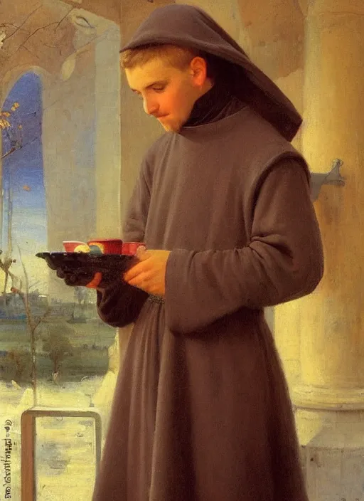 Image similar to a 1 4 th century monk wearing a turtle neck sweater at a mcdonalds by vladimir volegov and alexander averin and pierre auguste cot and delphin enjolras