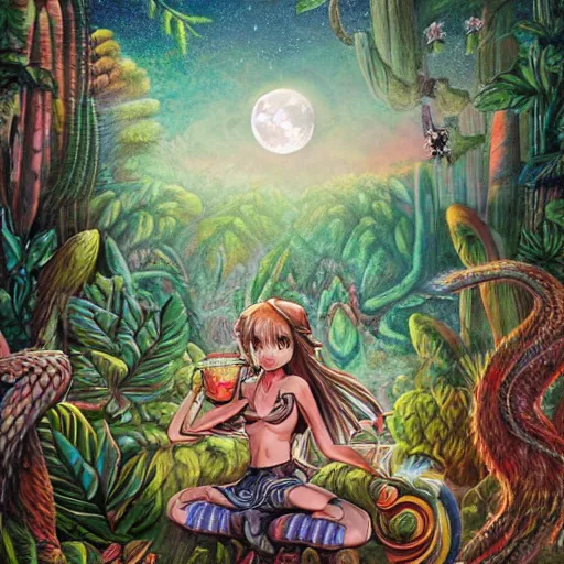 Image similar to richly detailed colored pencil 3 d illustration spartan tea at campfire with trichocereus jungle background smoke haze full moon ayahuasca peyote art by rossdraws range murata and artgerm