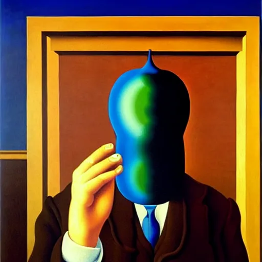 Image similar to a man thinks about what to buy at the grocery store, by rene magritte and salvador dali, oil on canvas