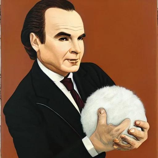 Image similar to Art deco portrait of Doctor Phlox affectionately holding a tribble in his hand