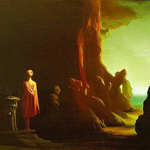 Prompt: The discovery of the alchemical properties of the old god's flesh, painting by Joseph Wright