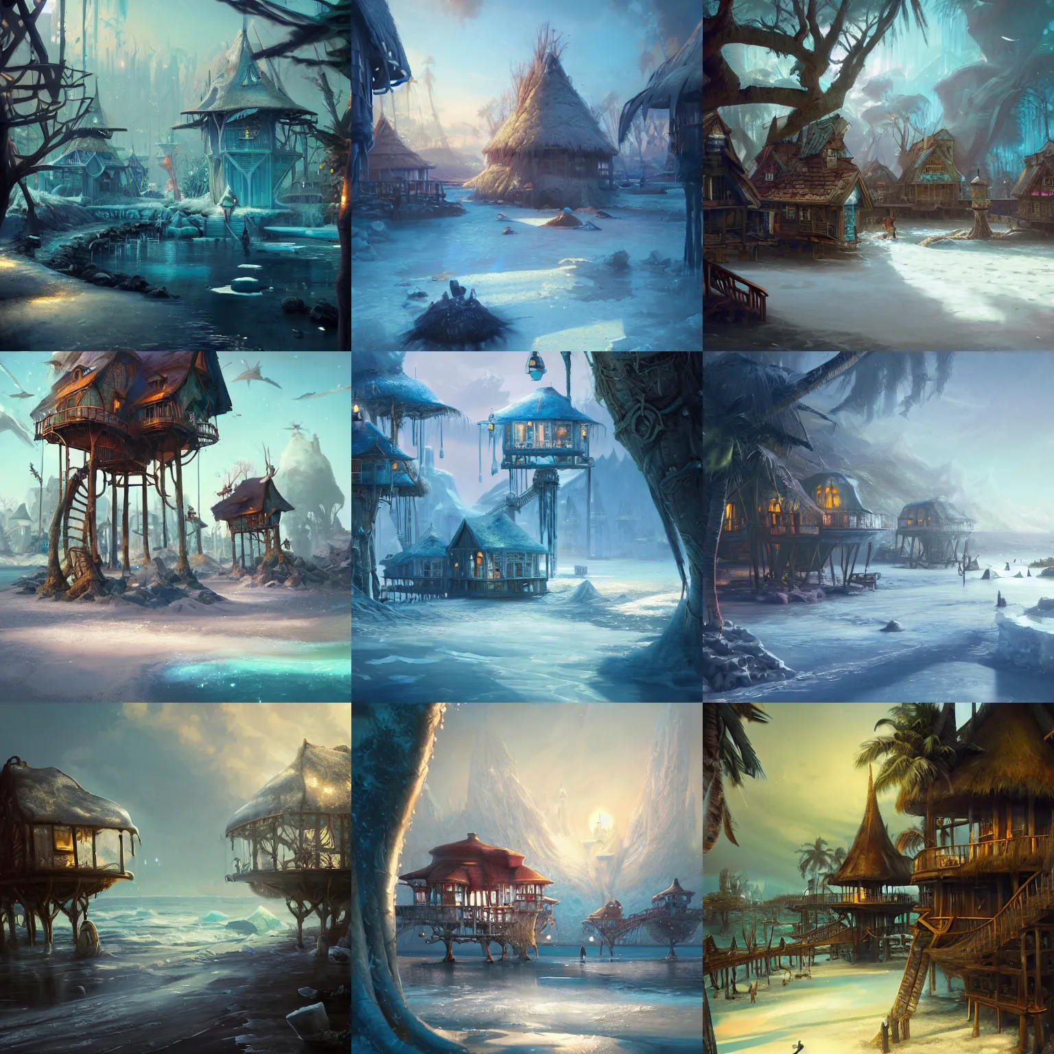 Prompt: frozen carribean beach with gilded age treehouses, by peter mohrbacher dan mumford craig mullins nekro, cgsociety, pixiv, volumetric light, 3 d render