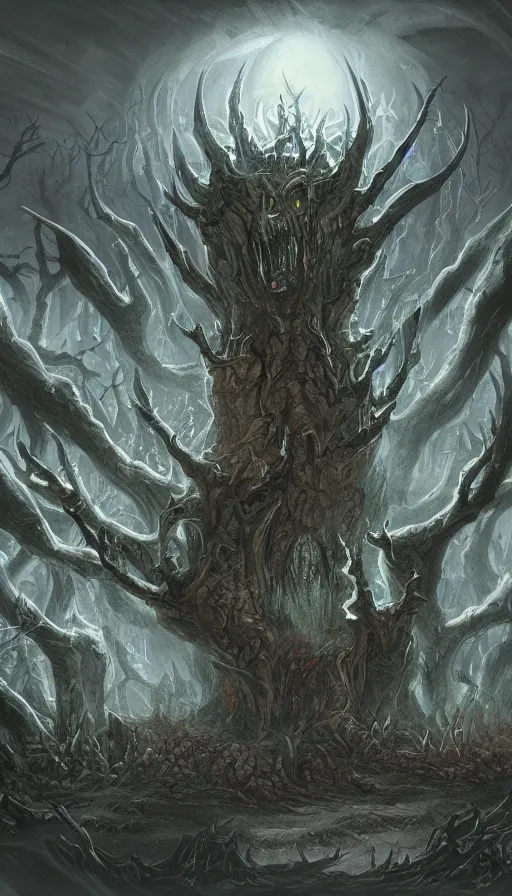 Image similar to a storm vortex made of many demonic eyes and teeth over a forest, by d & d concept artists