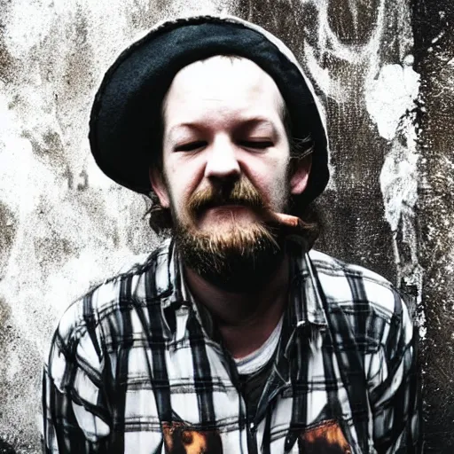 Image similar to homeless justin vernon in portland covered in chocolate stains. photograph.