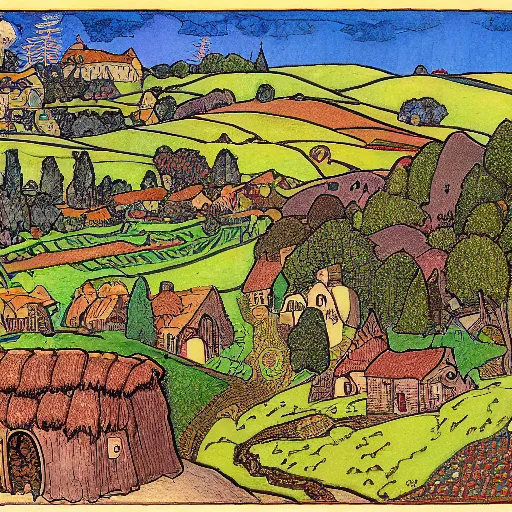 Prompt: detailed print of a landscape of a medieval village and crops by ivan bilibin and edmund dulac and ilya kuvshinov and katsuhiro otomo. full color scheme