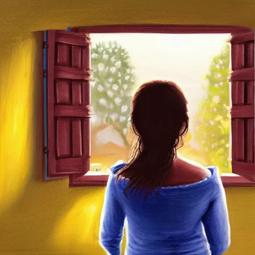 Prompt: a ultra detailed painting of young plus size hispanic woman with long dark brown hair with bangs, tan skin, brown eyes, and yellow cardigan, wistfully looking out the her bedroom window, during a sunset high quality, cute, award winning, trending on art station,