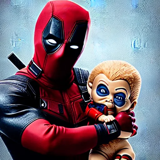 Image similar to deadpool holding chucky the killer doll from the movie child's play 8 k hdr movie still