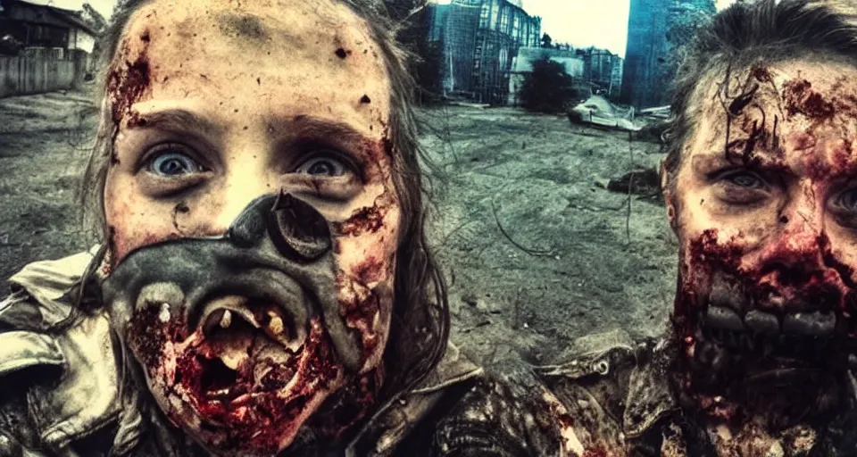 Prompt: Last selfie on Earth, found in zombie's phone, post apocalyptic view, world war three, smooth, sharp, high definition, award winning photo, natural colors