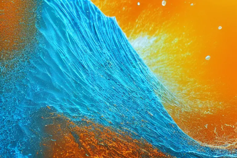 Image similar to big ocean wave of water particles, light blue, yellow orange wave, and light brown colors wave, white foam, many splash, complex curl noise, vortex, simulation, reflection, featured on behance, uhd image, media art, motion graphic, particles, fluids, 3 d, rendering, octane