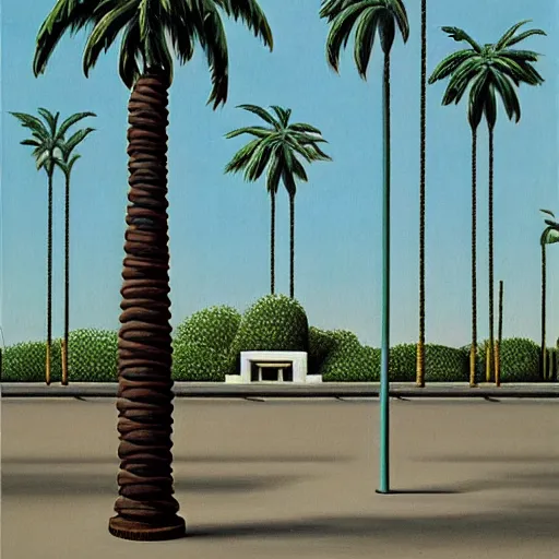 Image similar to vaporwave palm trees, Gertrude Abercrombie, highly detailed, masterpiece, trending on ArtStation, ultra realistic