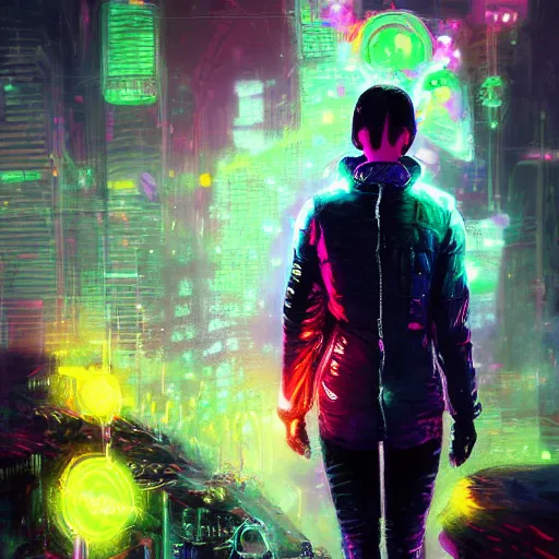 Prompt: skill magic deepdream guardian girl with short black hair cyberpunk futuristic, reflective puffer jacket, black leggings from the back radiating a glowing colorful aura by ismail inceoglu dragan bibin hans thoma, perfect face, fine details, realistic shaded, fine - face, pretty face