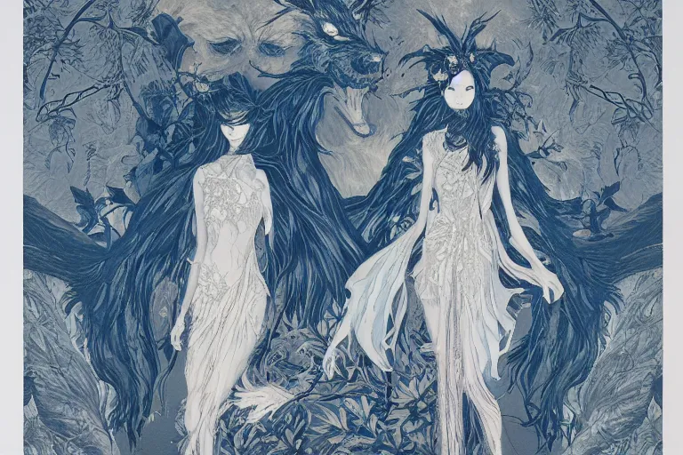 Prompt: werewolf portrait, phoenix in fire, orthodox saint, amalgamation of leaves and flowers. balenciaga, intricate complexity. matte paper, cut paper texture. by Jeffrey Catherine Jones, James jean, Miho Hirano, Hayao Miyazaki, coarse gritby. Full of light-blue and silver and white layers. Exquisite detail 8K