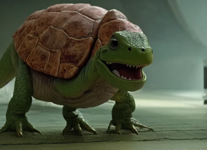 Image similar to film still of yoshi in the new sci - fi movie, cute upright standing upright upright dinosaur standing on its hind legs with a small turtle shell and long tongue, 8 k