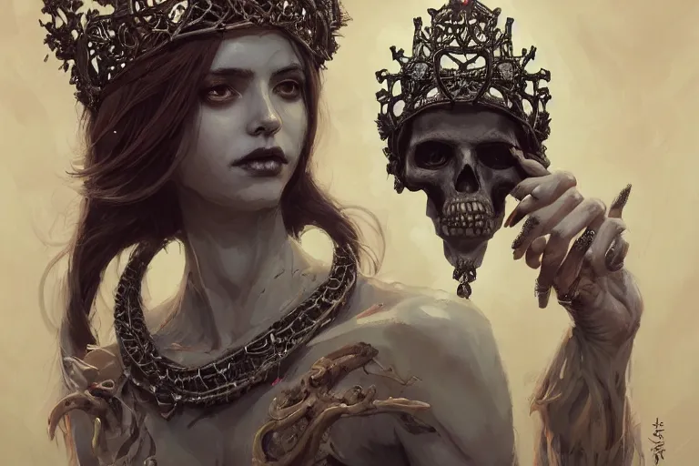 Prompt: a portrait of the bone goddess with a crown of skulls, full figure, intricate, gothic, highly detailed, digital painting, artstation, smooth, sharp focus, illustration, art by greg rutkowski, loish, rhads, makoto shinkai and lois van baarle, ilya kuvshinov, rossdraws