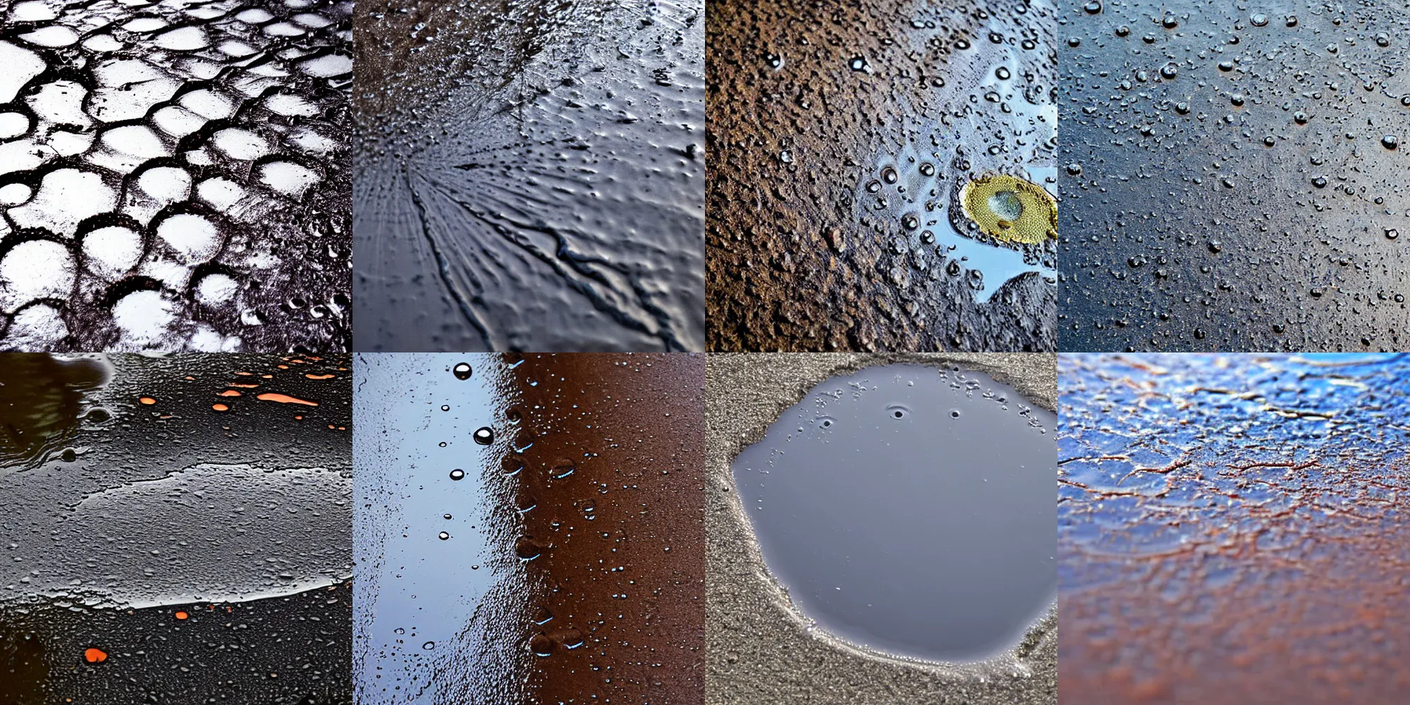 Prompt: chemical stains on the water in a puddle