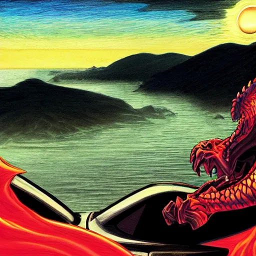 Prompt: knight in car, dragon blowing fire above, Hudson River School, ONE, Murata, Berserk