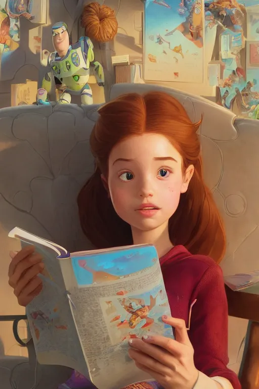 Image similar to highly detailed portrait of beautiful girl reading a book in toy story 3, detailed hands, dynamic pose, stephen bliss, unreal engine, fantasy art by greg rutkowski, loish, rhads, ferdinand knab, makoto shinkai and lois van baarle, ilya kuvshinov, rossdraws, tom bagshaw, global illumination, radiant light, detailed and intricate environment