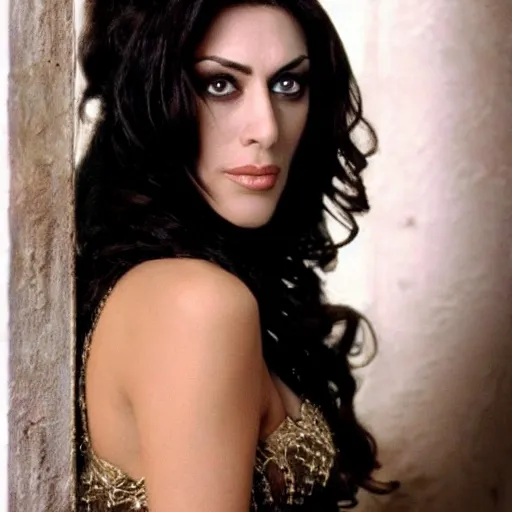 Image similar to Monica Belluci as an Arab woman, tanned skin, bright blue eyes, white veil