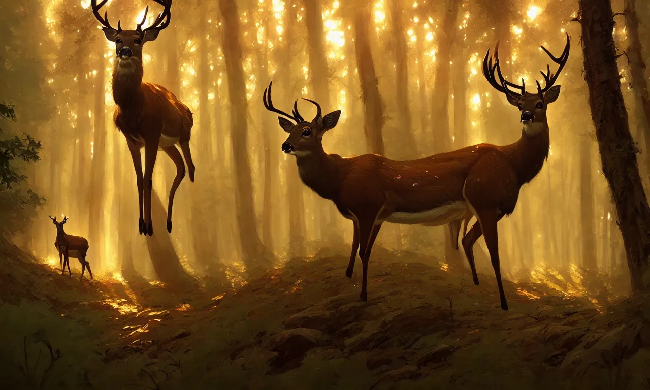 Image similar to Deer in Sherwood Forest, full frame, highly detailed, digital painting, artstation, concept art, smooth, sharp focus, illustration, art greg rutkowski and alphonse mucha