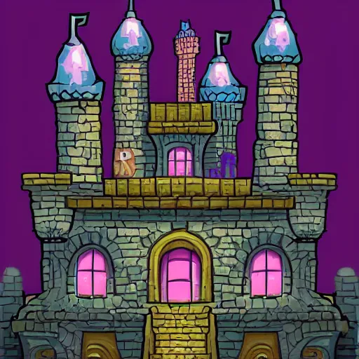 Prompt: a subterranean magic castle surrounded by a mote, underground catacombs castle, digital illustration, a house of many doors art flat colors, blue and purple color scheme, pixel trickery studios game artwork,